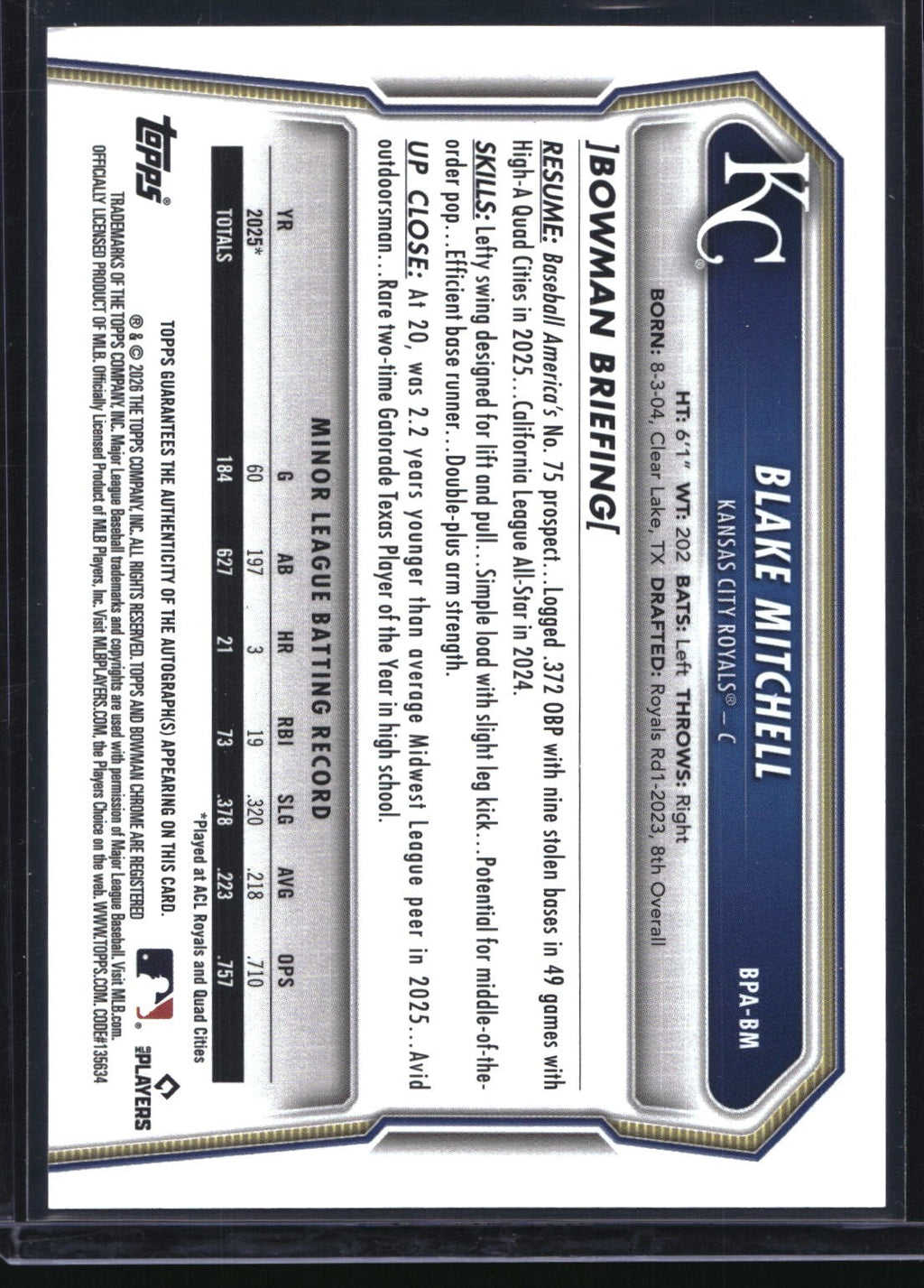 2026 Bowman #BPA-BM Blake Mitchell Prospect Autographs