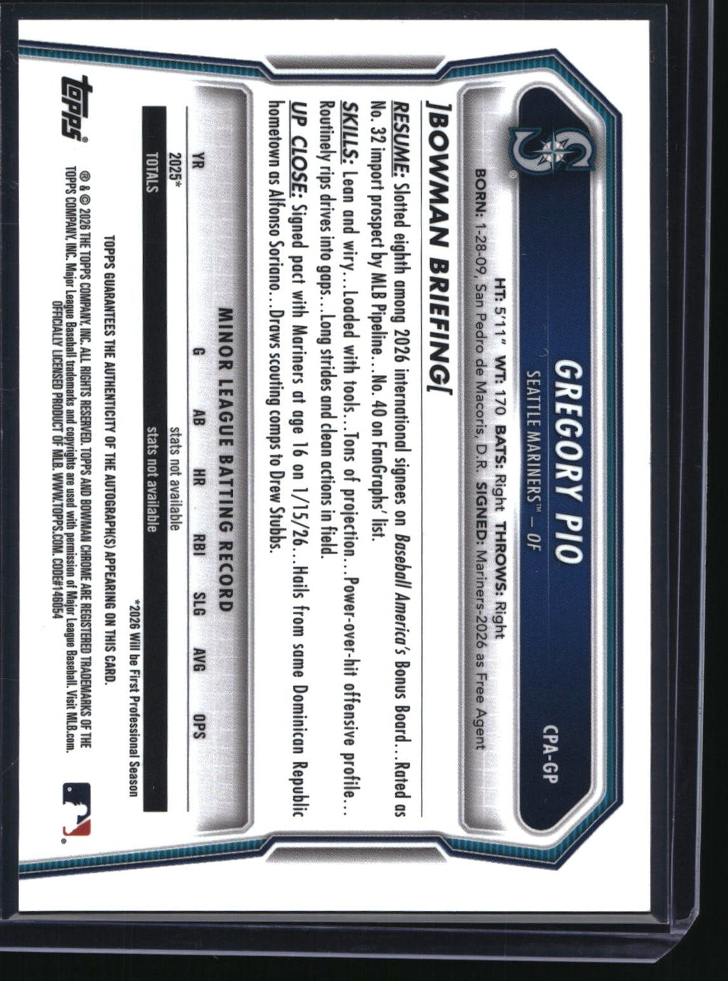 2026 Bowman Chrome #CPA-GP Gregory Pio Prospect Autographs