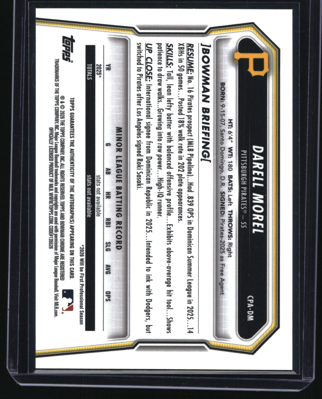2026 Bowman Chrome #CPA-DM Darell Morel Prospect Autographs