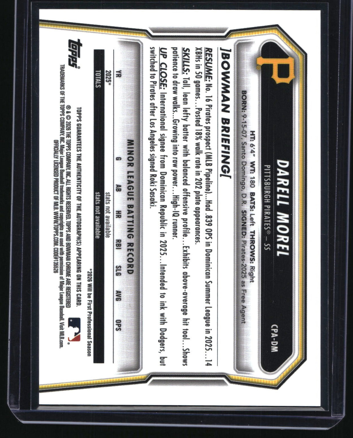 2026 Bowman Chrome #CPA-DM Darell Morel Prospect Autographs