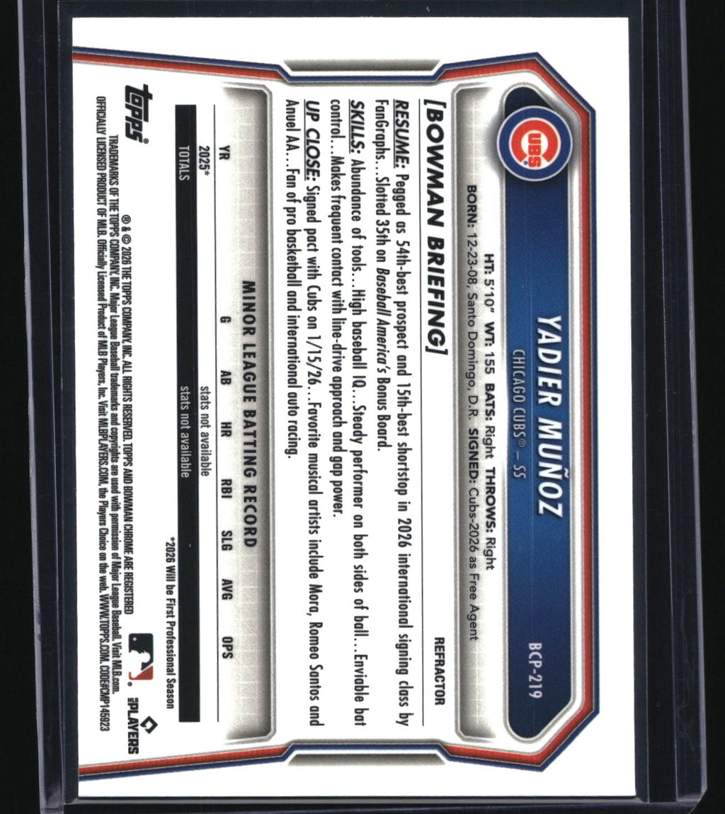 2026 Bowman Chrome #BCP-219 Yadier Muñoz Prospects Refractor #/499