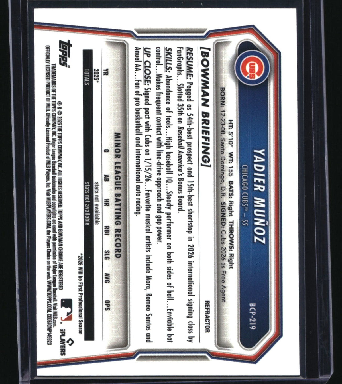 2026 Bowman Chrome #BCP-219 Yadier Muñoz Prospects Refractor #/499