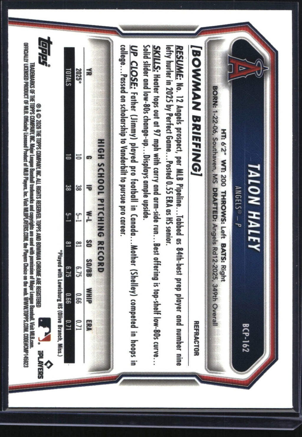 2026 Bowman Chrome #BCP-162 Talon Haley Prospects Refractor #/499