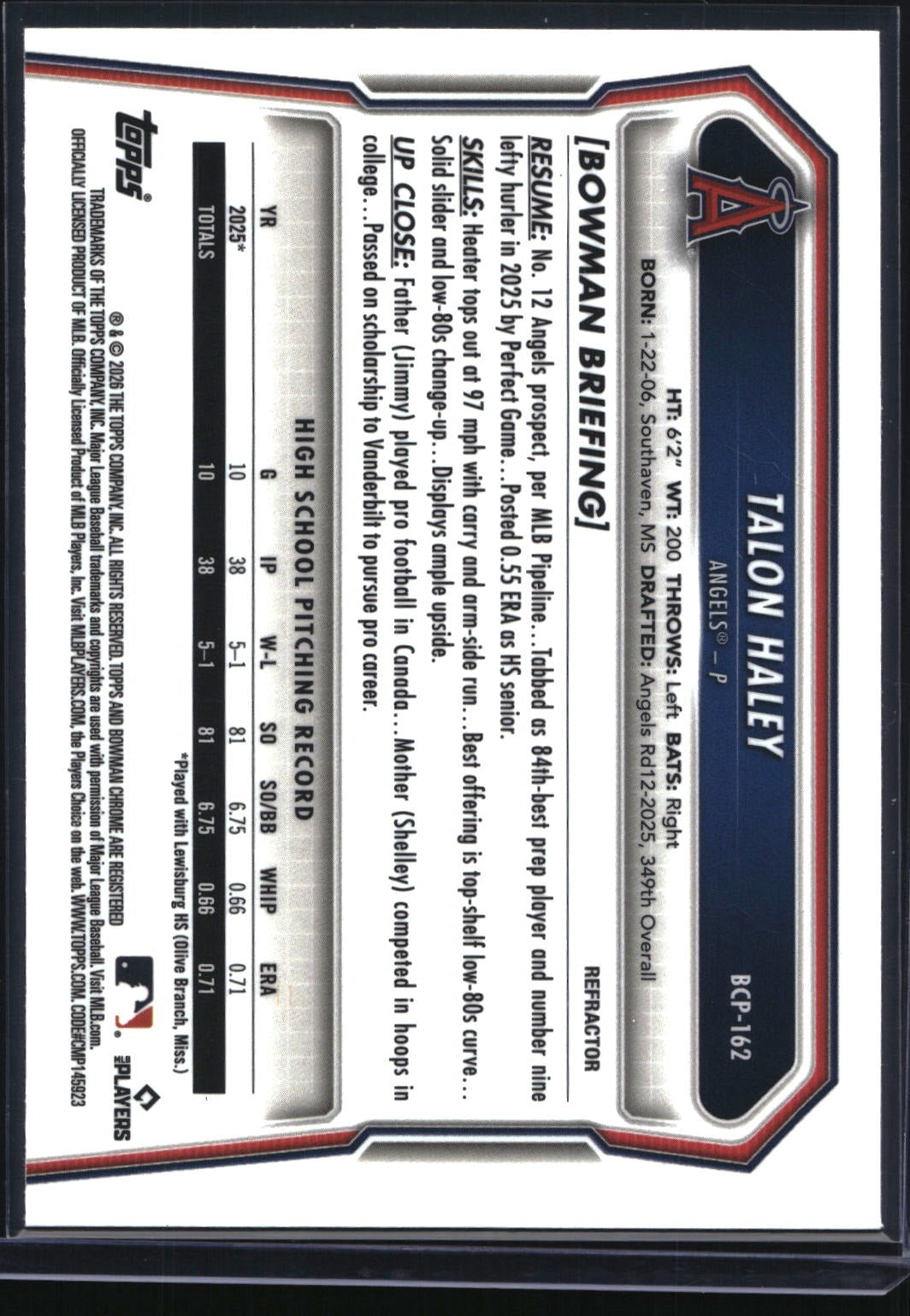 2026 Bowman Chrome #BCP-162 Talon Haley Prospects Refractor #/499