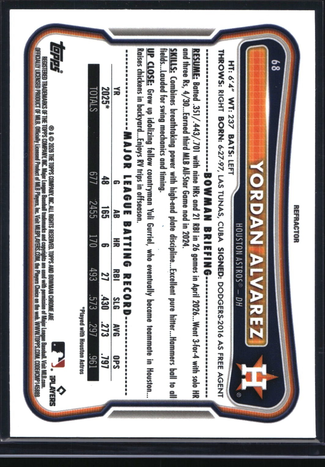 2026 Bowman Chrome #68 Yordan Alvarez Refractor #/499
