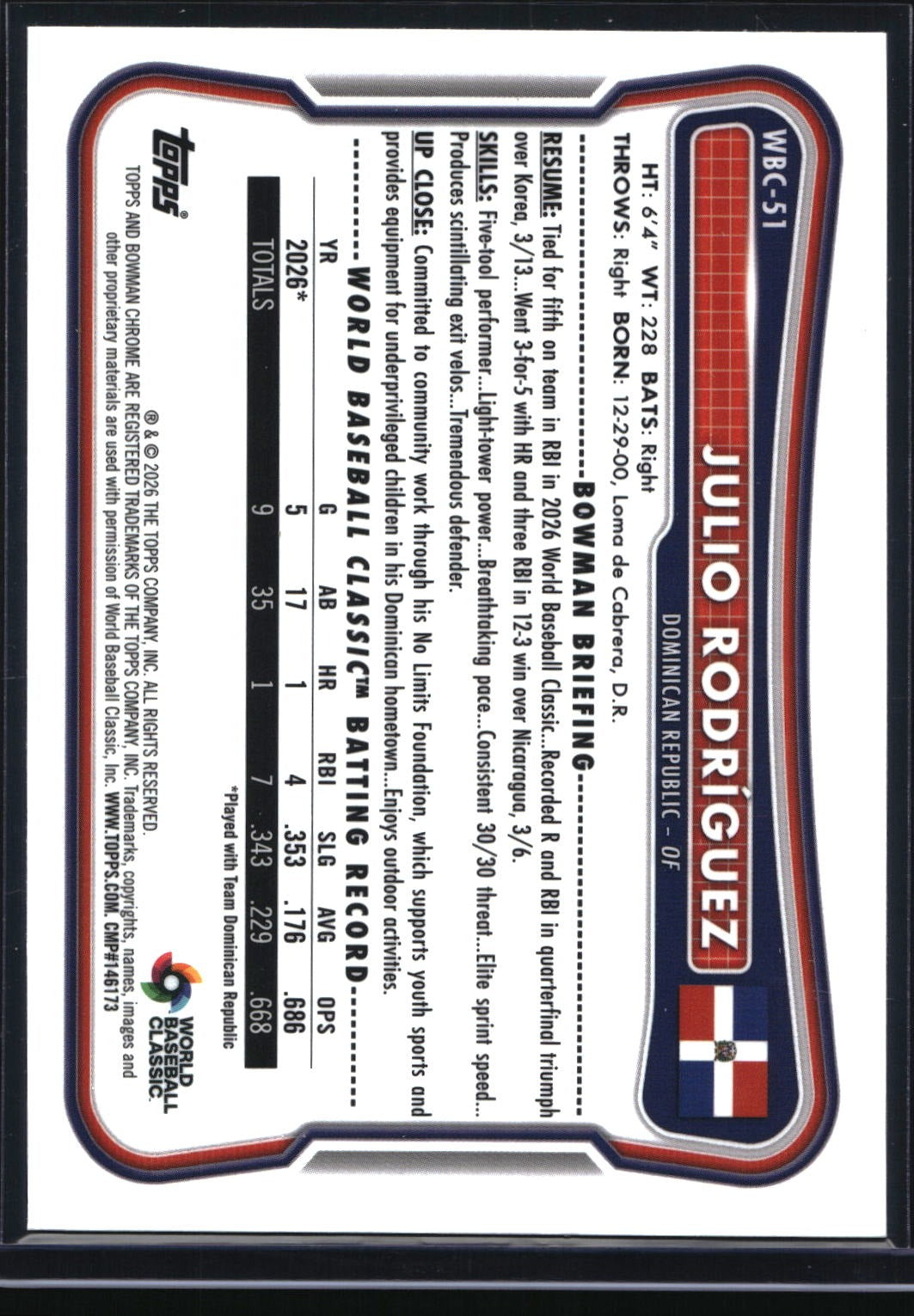 2026 Bowman Chrome #WBC-51 Julio Rodríguez WBC Flag #/499