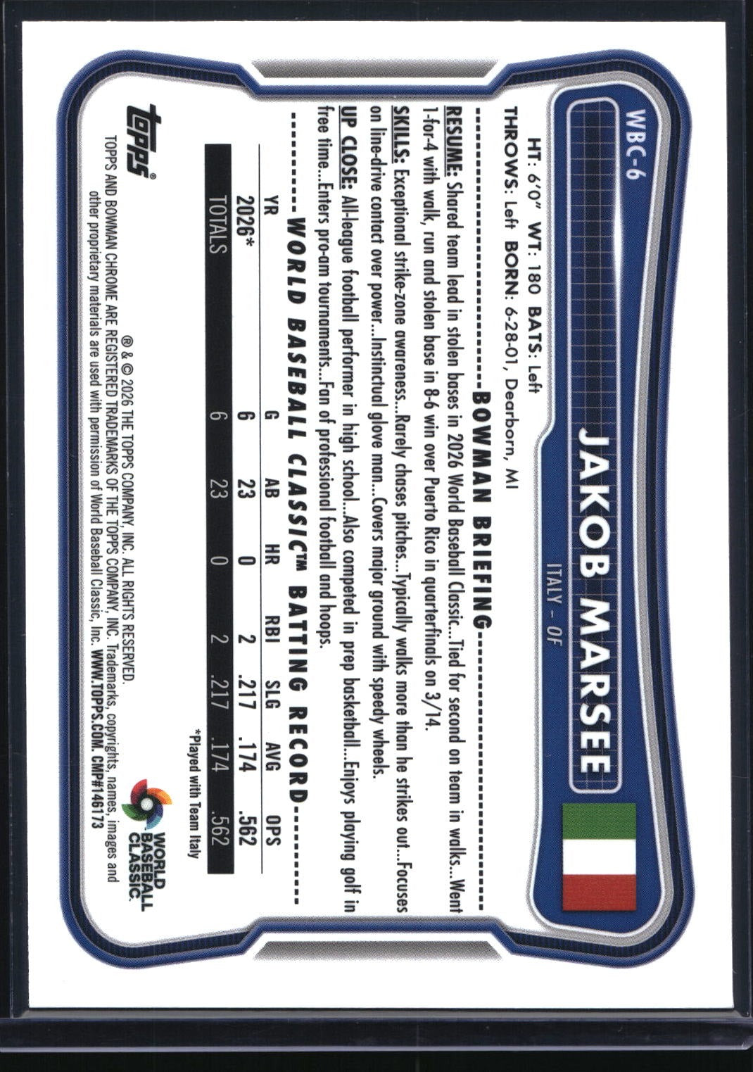 2026 Bowman Chrome #WBC-6 Jakob Marsee WBC Flag #/499