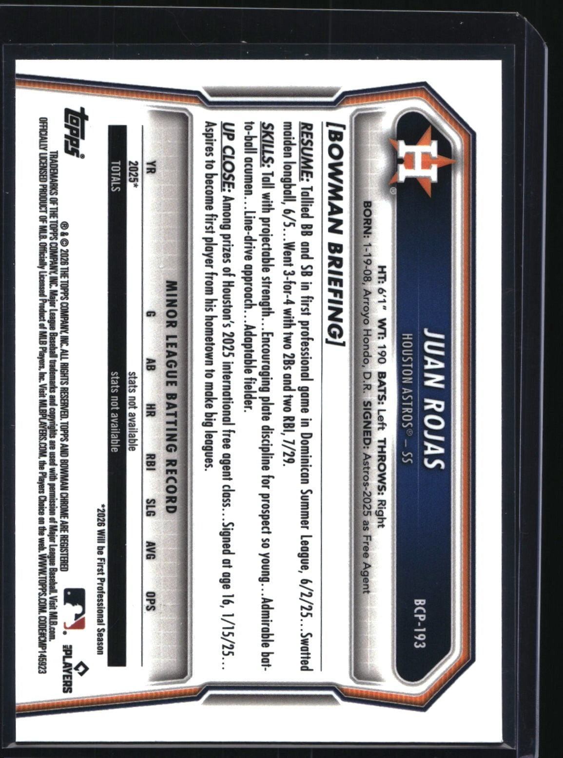 2026 Bowman Chrome #BCP-193 Juan Rojas Prospects Pulsar Refractor #/399