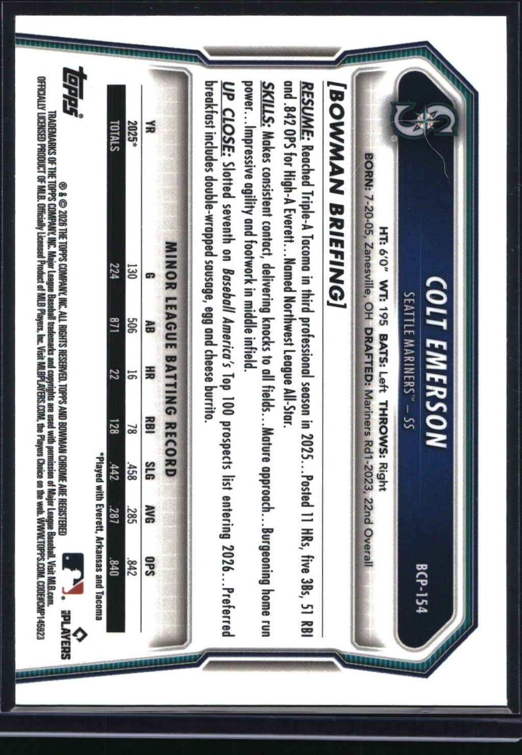2026 Bowman Chrome #BCP-154 Colt Emerson Prospects Purple Pulsar Refractor #/250