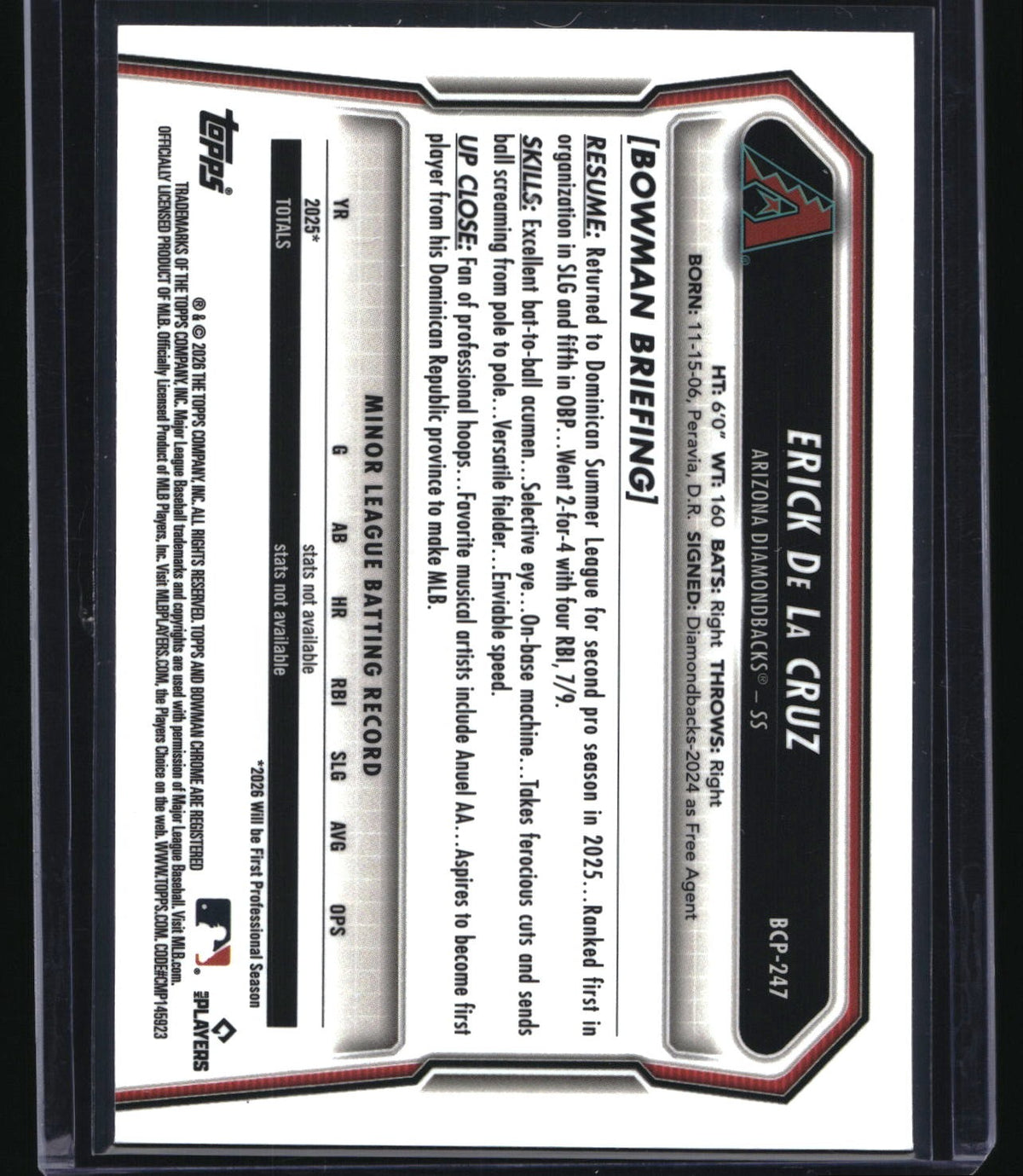 2026 Bowman Chrome BCP-247 Erick De La Cruz Prospects Purple Wave Refractor /250