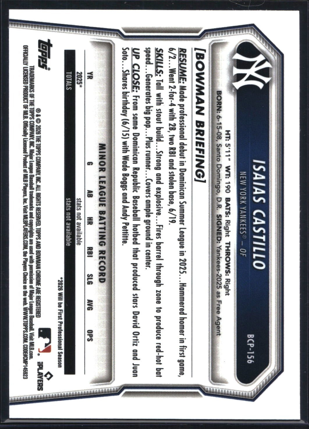 2026 Bowman Chrome #BCP-156 Isaias Castillo Prospects Purple Refractor #/250