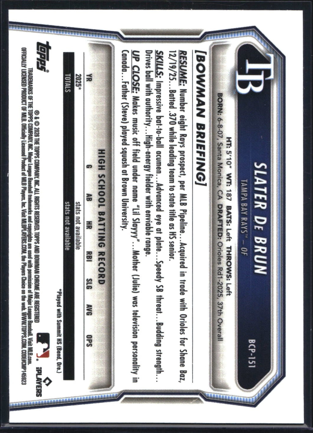 2026 Bowman Chrome #BCP-151 Slater de Brun Prospects Shimmer