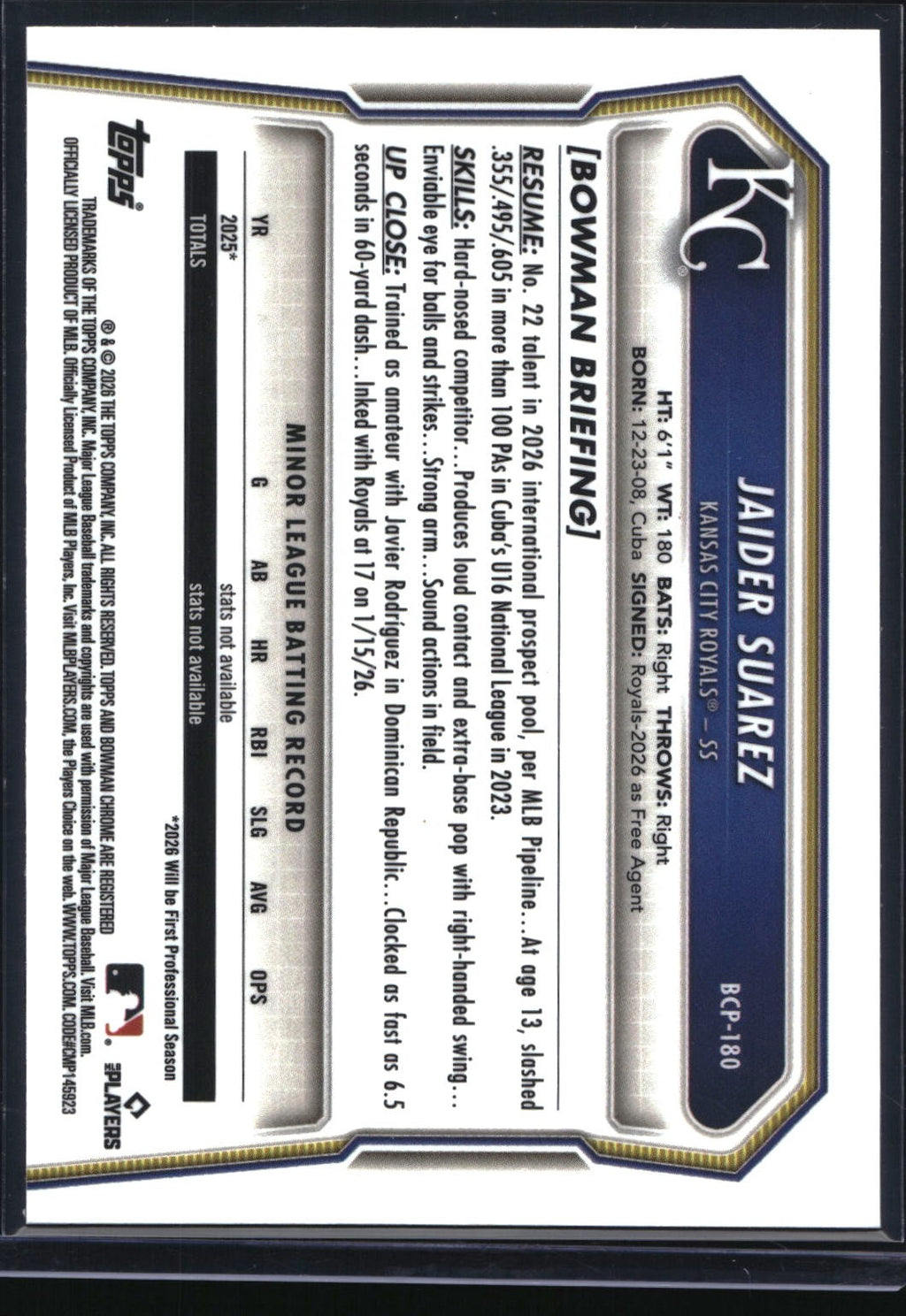2026 Bowman Chrome #BCP-180 Jaider Suarez Prospects Shimmer