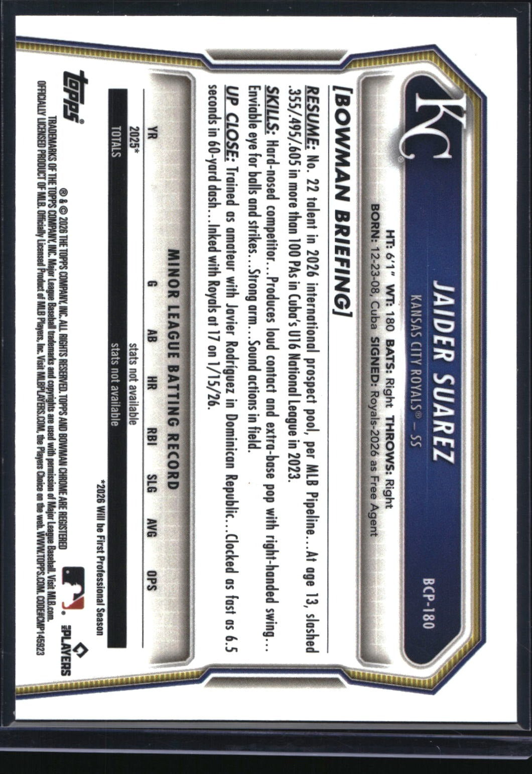 2026 Bowman Chrome #BCP-180 Jaider Suarez Prospects Shimmer