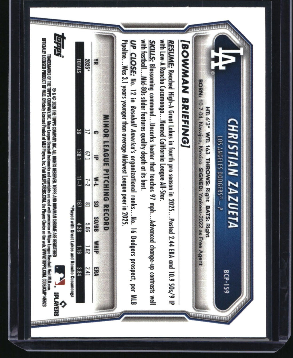 2026 Bowman Chrome #BCP-159 Christian Zazueta Prospects League Logofractor