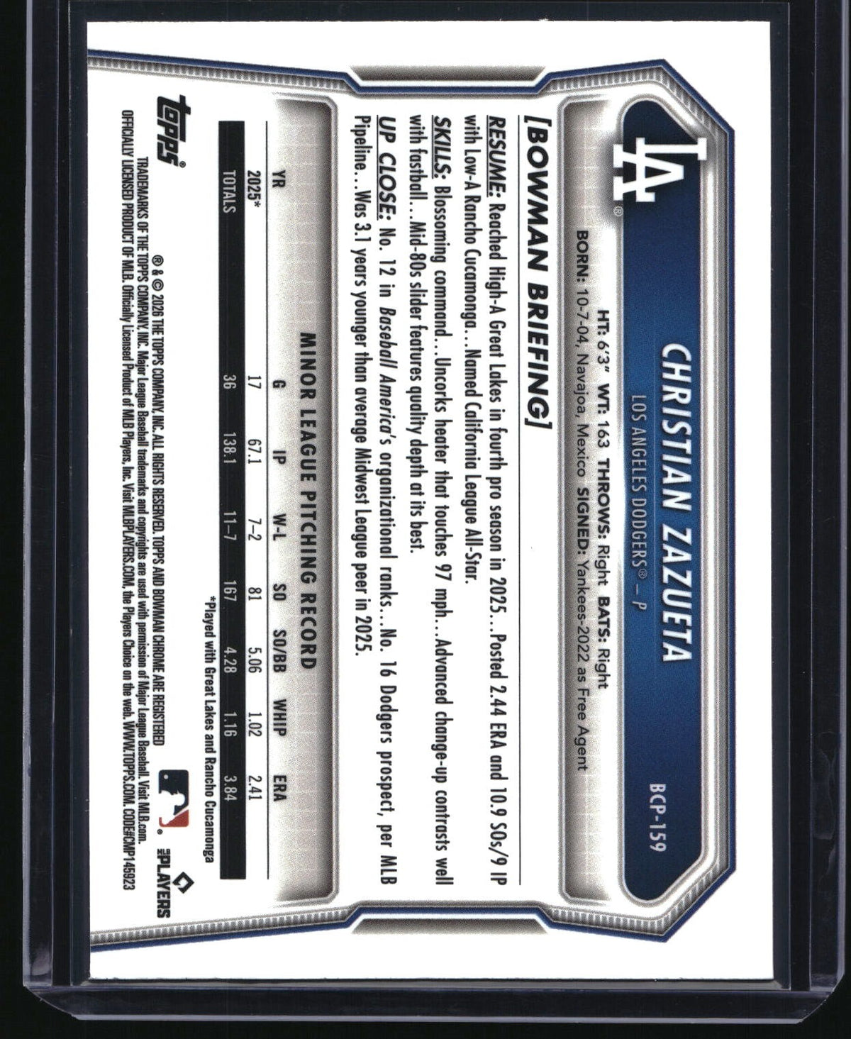 2026 Bowman Chrome #BCP-159 Christian Zazueta Prospects League Logofractor