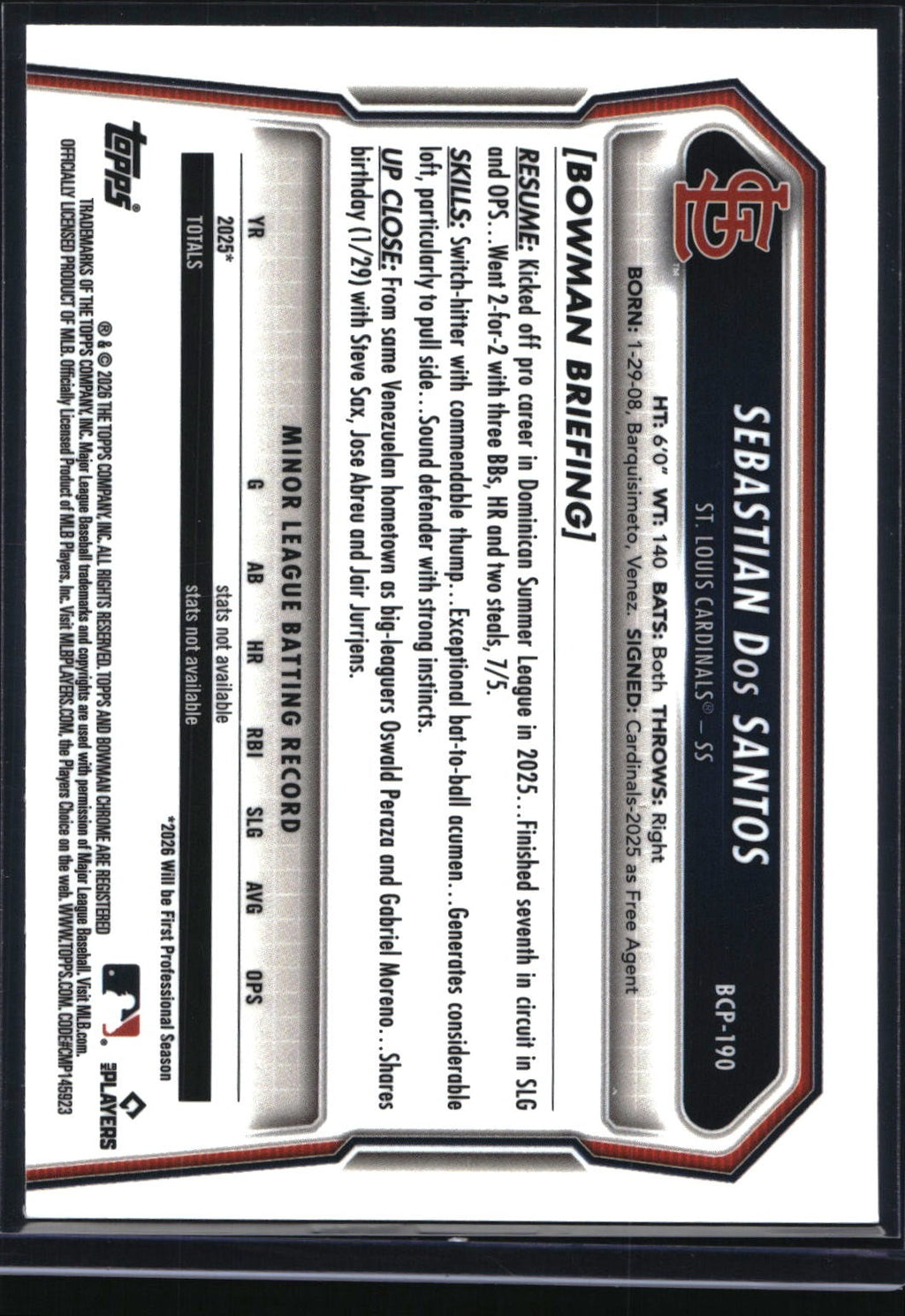 2026 Bowman Chrome #BCP-190 Sebastian Dos Santos Prospects X-Fractor