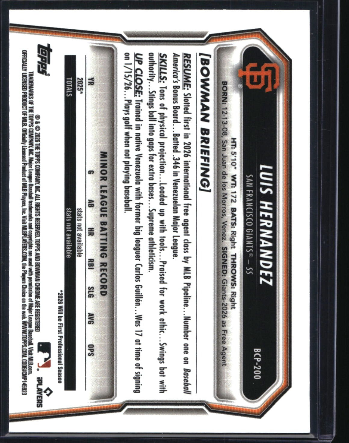 2026 Bowman Chrome #BCP-200 Luis Hernandez Prospects X-Fractor
