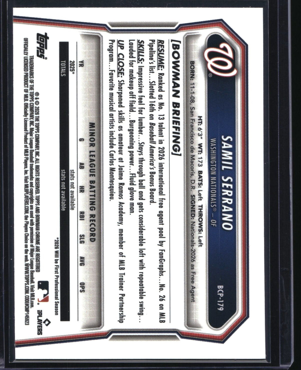 2026 Bowman Chrome #BCP-179 Samil Serrano Prospects X-Fractor
