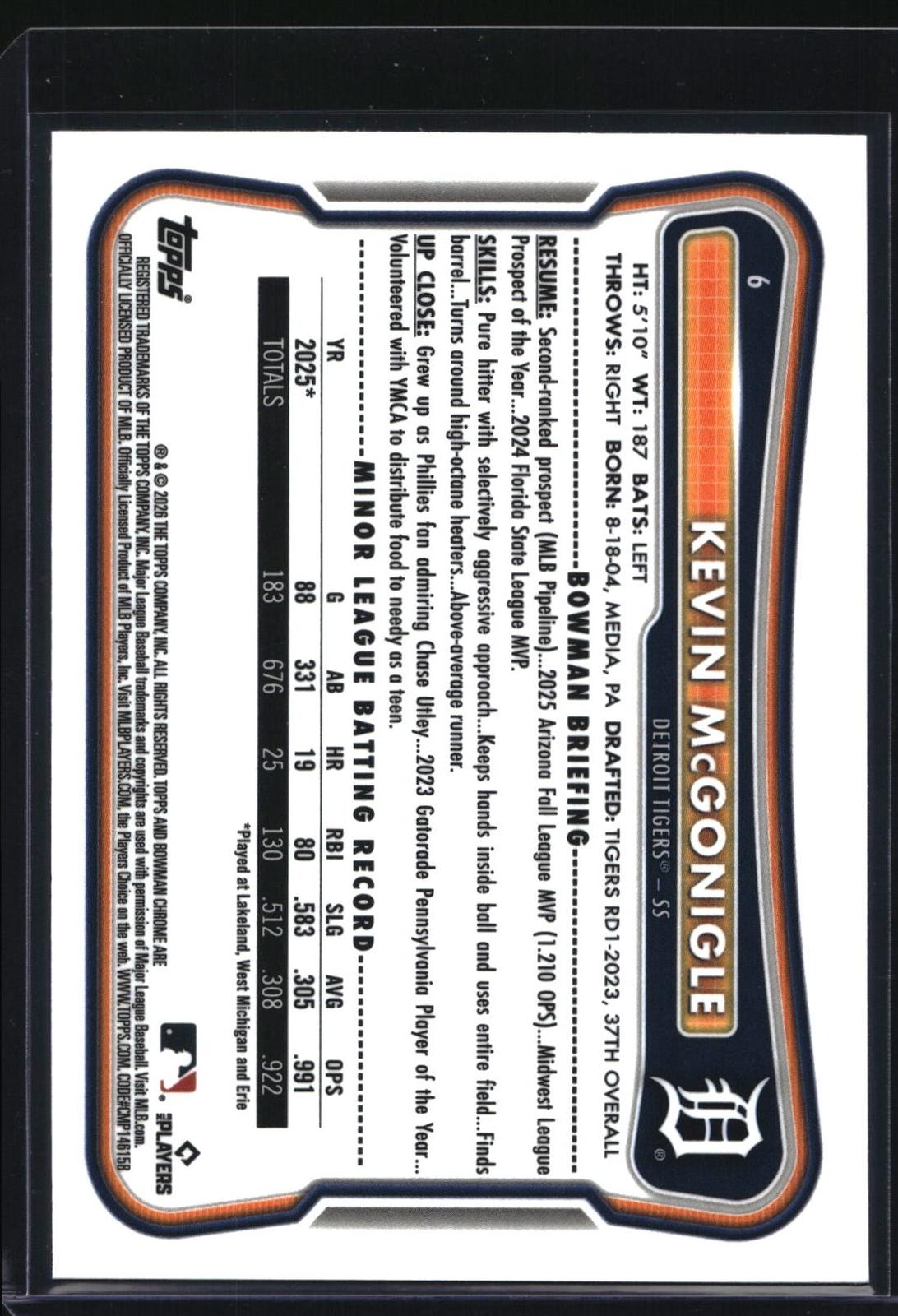 2026 Bowman Chrome #6b Kevin McGonigle Red Rookie RC